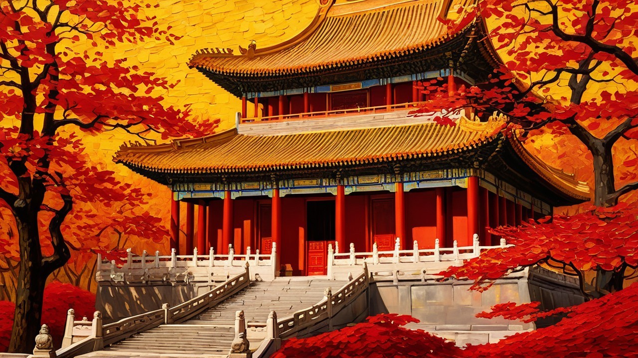 Traditional Asian Pavilion Surrounded by Autumn Maples