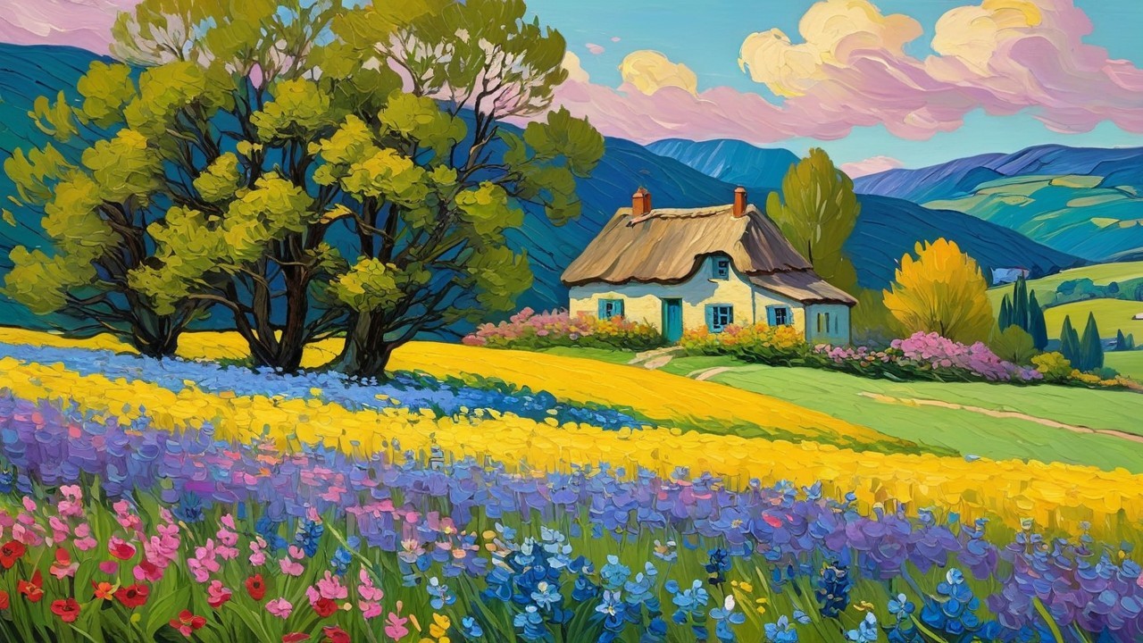 Thatched Roof Cottage in a Colorful Flower Landscape