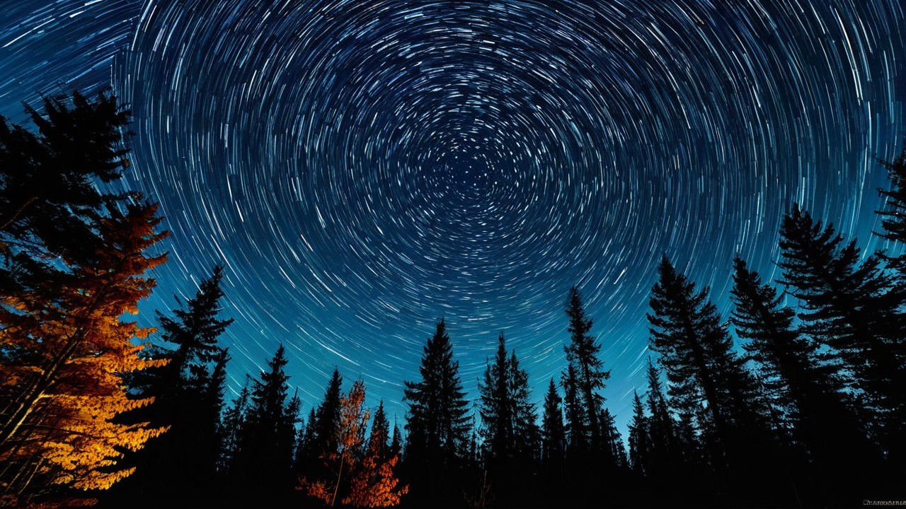 Swirling Star Trails in a Night Sky with Trees