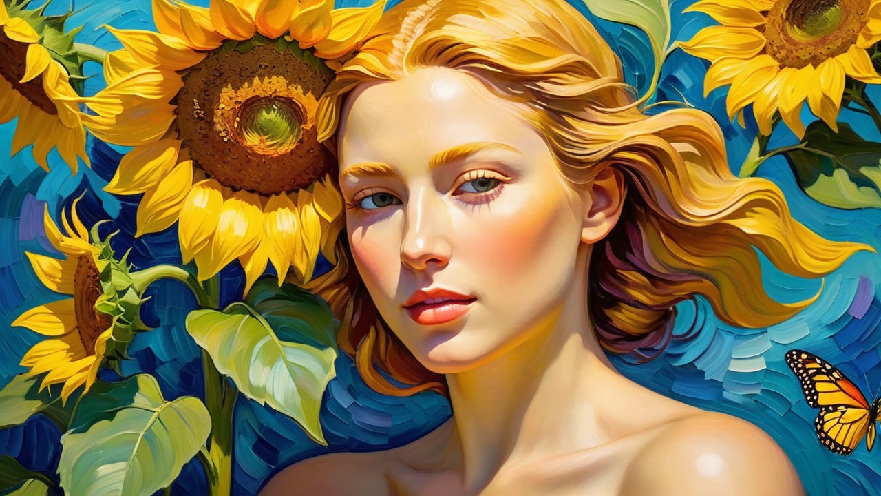 Portrait of a Woman with Sunflowers and Butterfly
