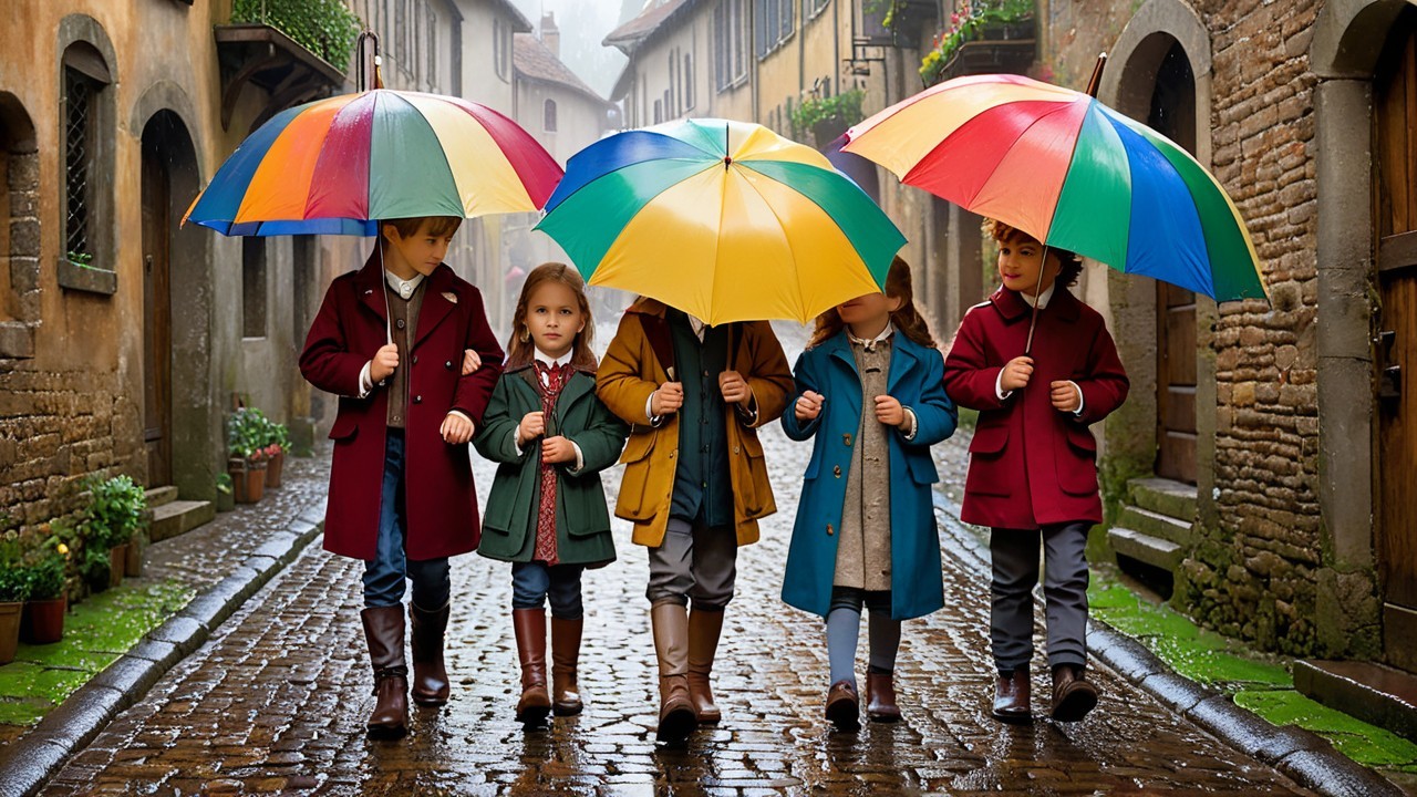 Children with umbrellas on a charming cobblestone street