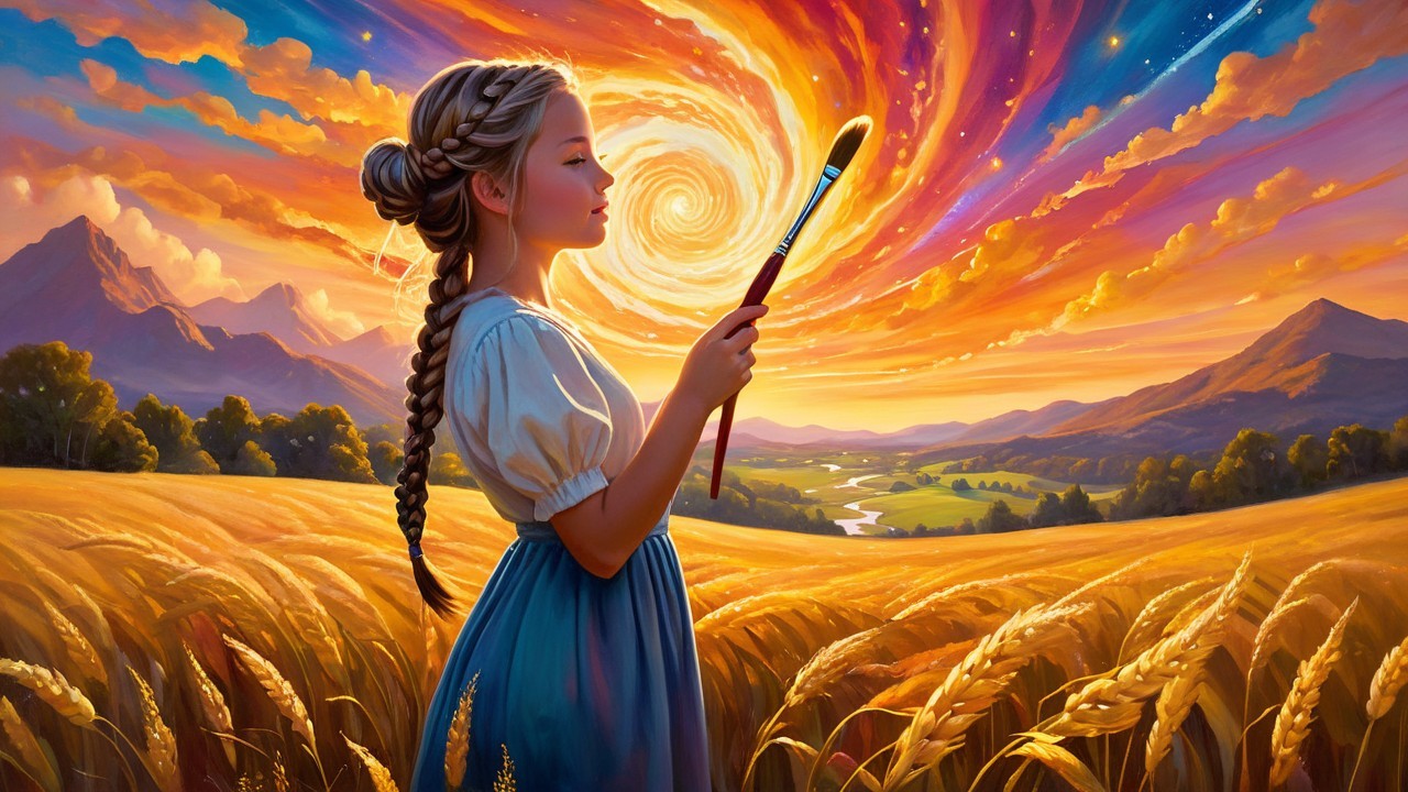 Young girl in wheat field with vibrant sunset backdrop