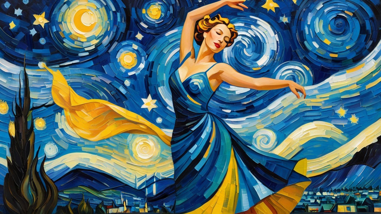 Vibrant Painting of Dancer in Blue and Yellow Dress