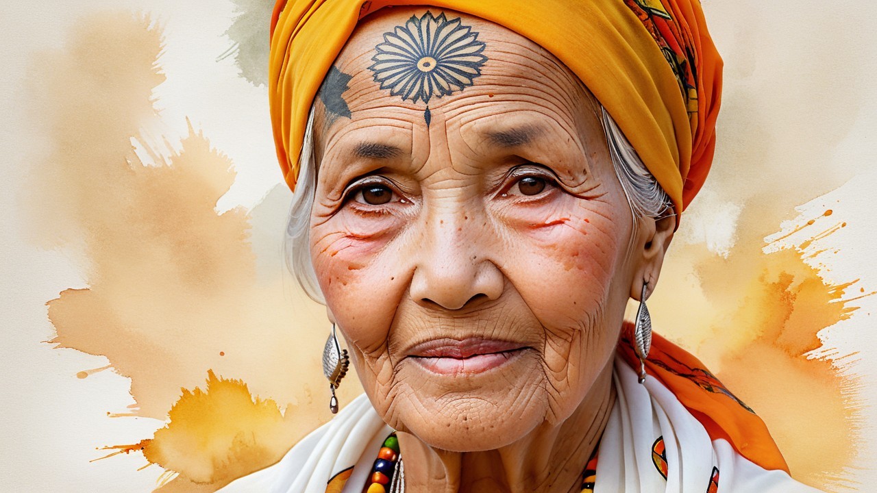 Elderly Woman with Orange Headscarf and Floral Design