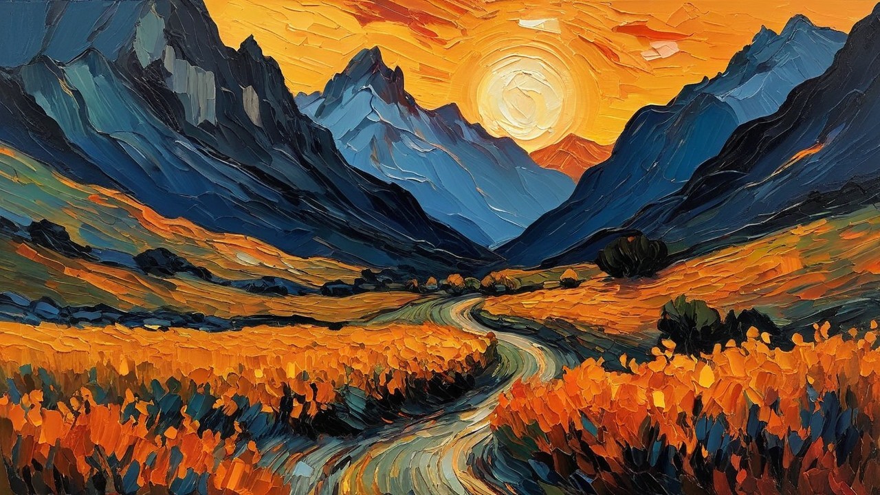 Vibrant Landscape with Winding Path and Sunset Mountains
