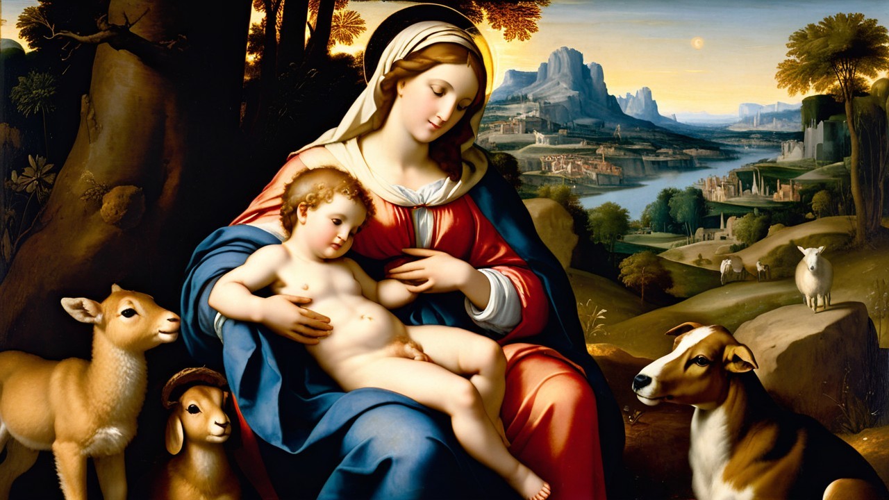 Virgin Mary with Infant Jesus in a Serene Landscape