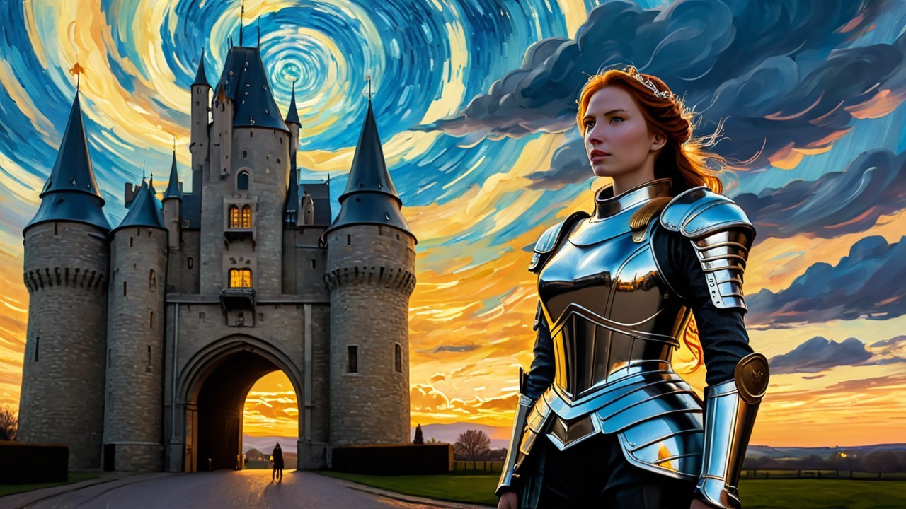 Regal warrior in armor before a majestic castle scene