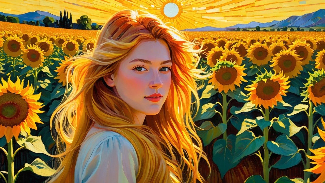 Young woman in sunflower field at sunset
