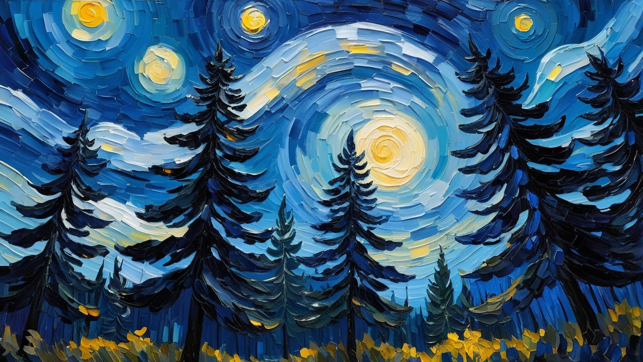 Vibrant Night Sky with Pine Trees and Textured Brush Strokes