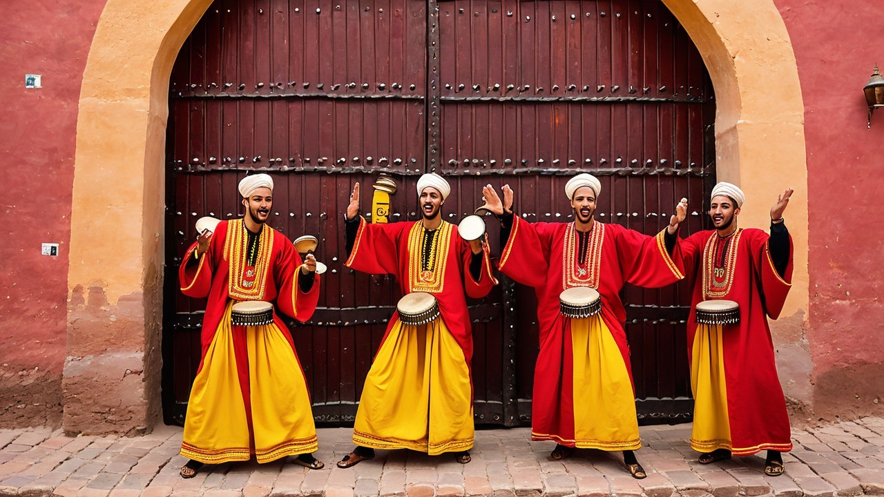 Traditional Performers in Vibrant Attire by Wooden Gate