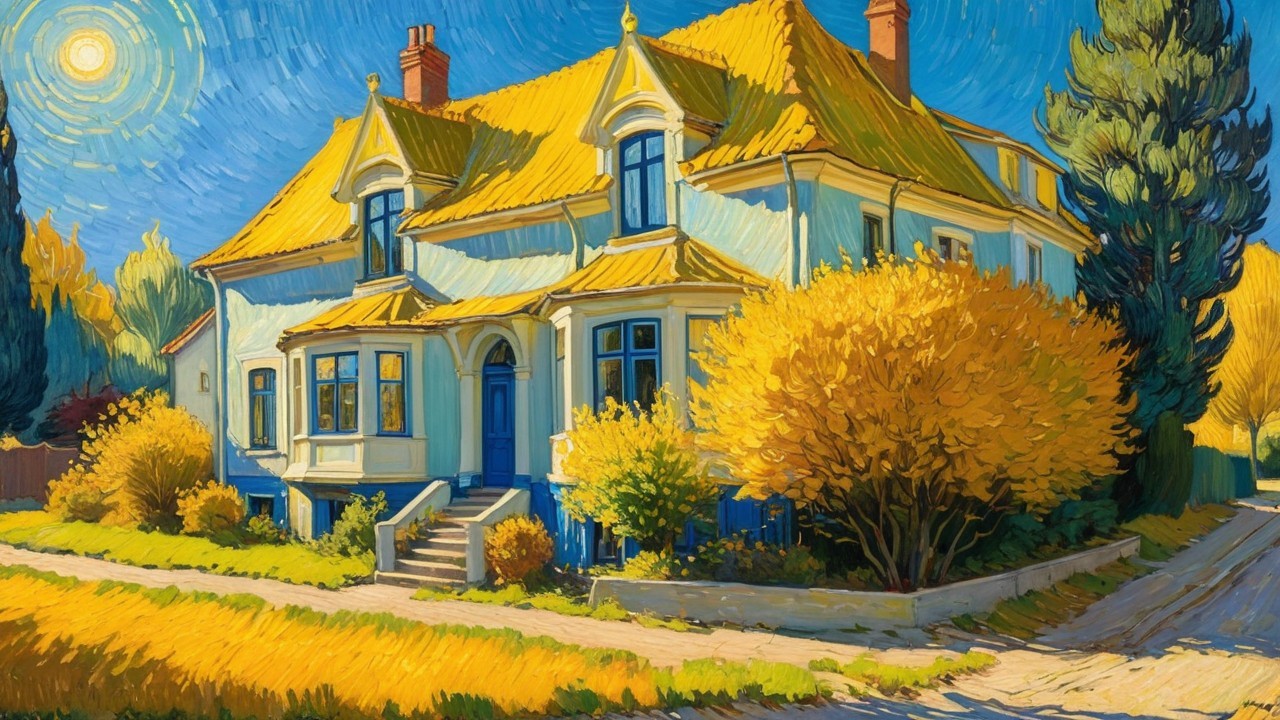 Two-Story House with Yellow Roof in Autumn Landscape