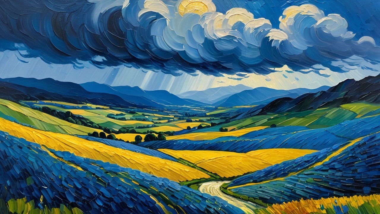 Vibrant Landscape with Rolling Hills and River Reflection