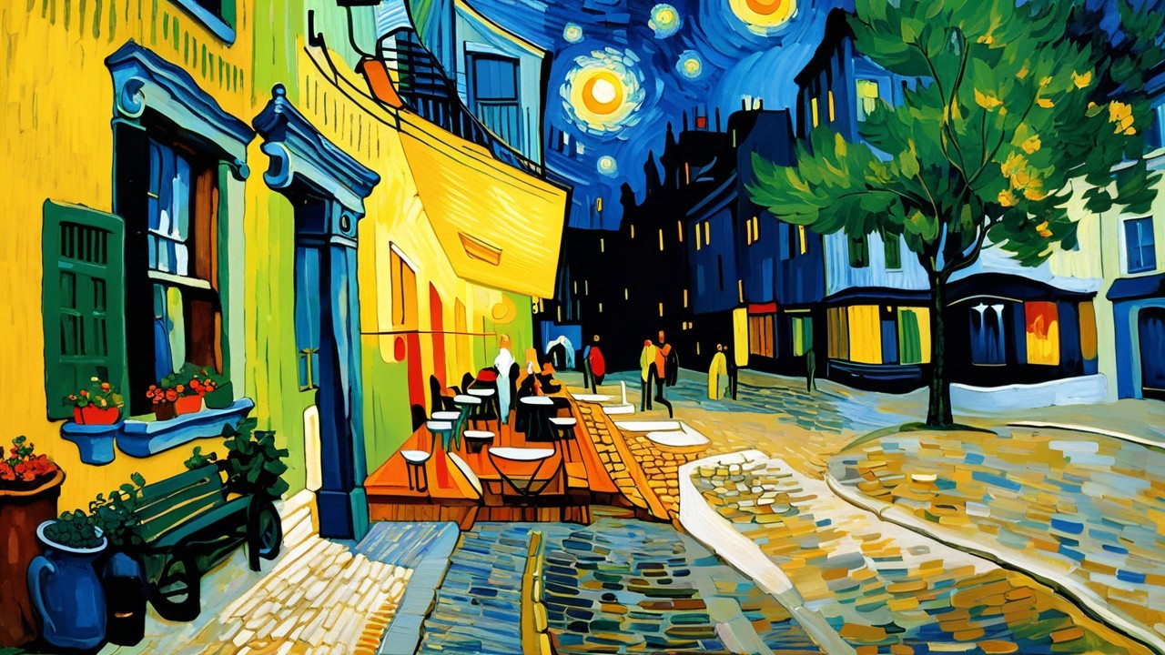 Vibrant Café Terrace Scene Under Starry Night Sky