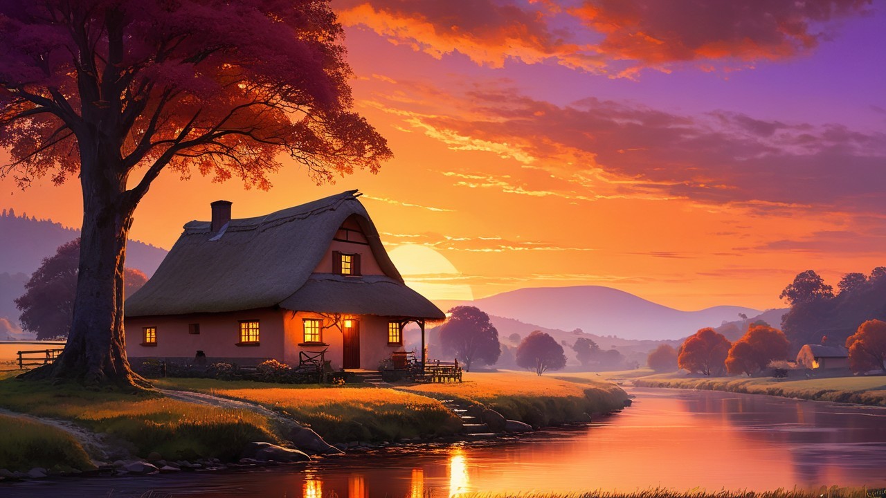 Thatched Cottage by Serene River at Sunset