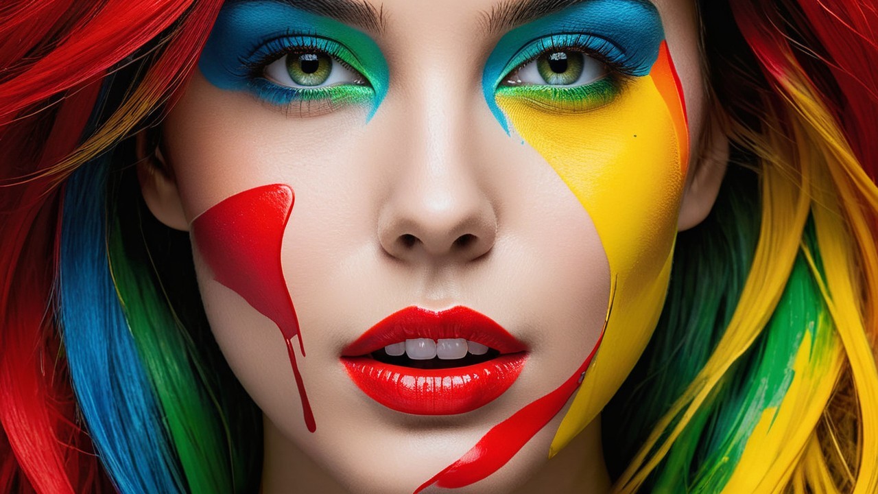 Portrait of a woman with vibrant, colorful makeup