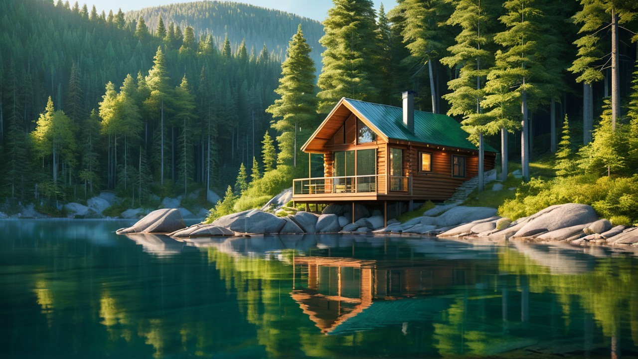 Wooden Cabin by Turquoise Lake Surrounded by Pines