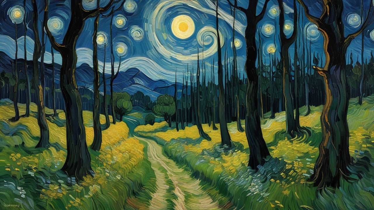 Winding Path in a Starry Landscape with Flowers