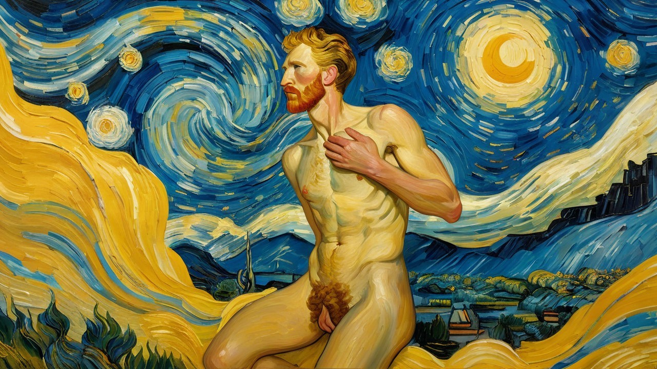 Nude Figure Against Vibrant Sky and Moon Background