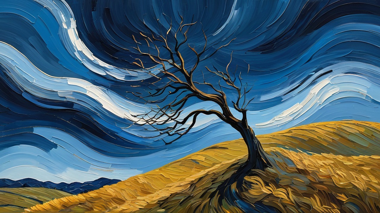 Twisted Tree on Golden Hillside Under Dramatic Sky