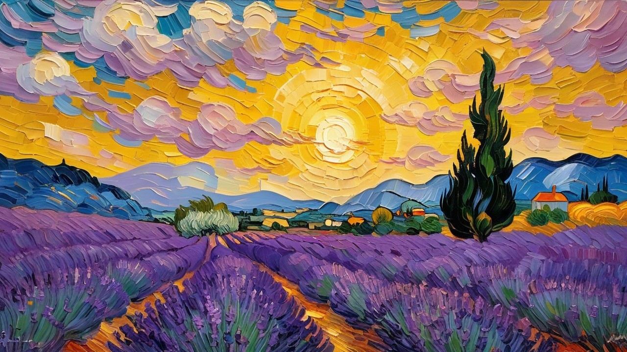 Vibrant Landscape of Lavender Fields and Cypress Trees