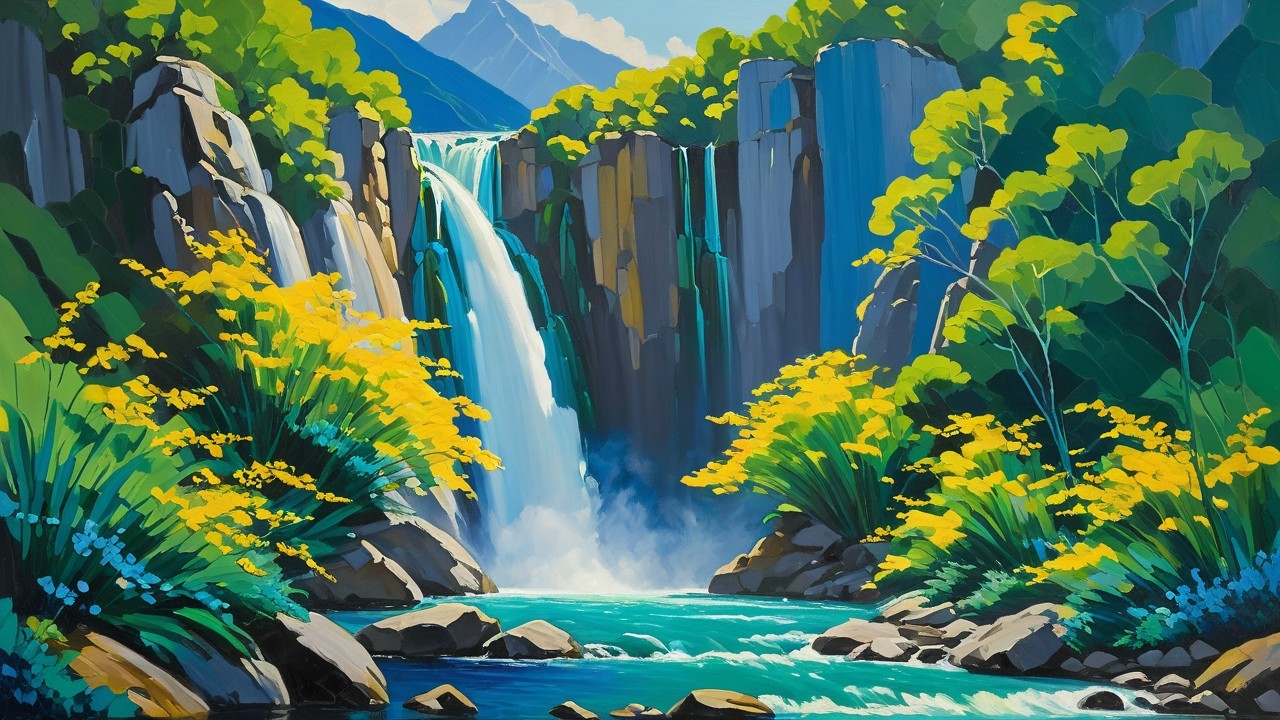 Vibrant Painting of Waterfall in Lush Landscape