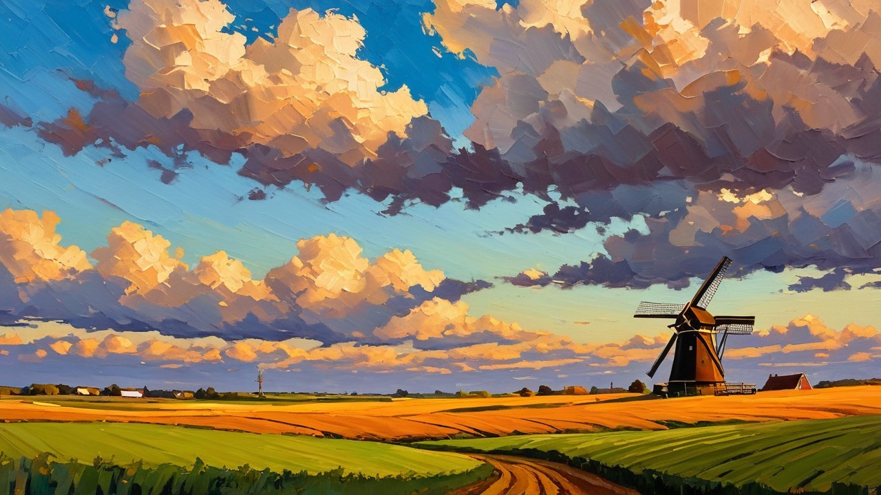 Vibrant Landscape with Windmill and Wheat Fields