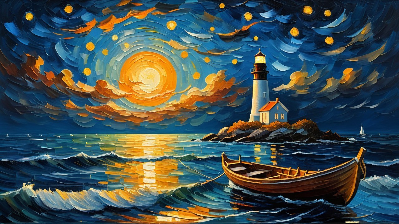 Vibrant seascape with lighthouse and dramatic sky