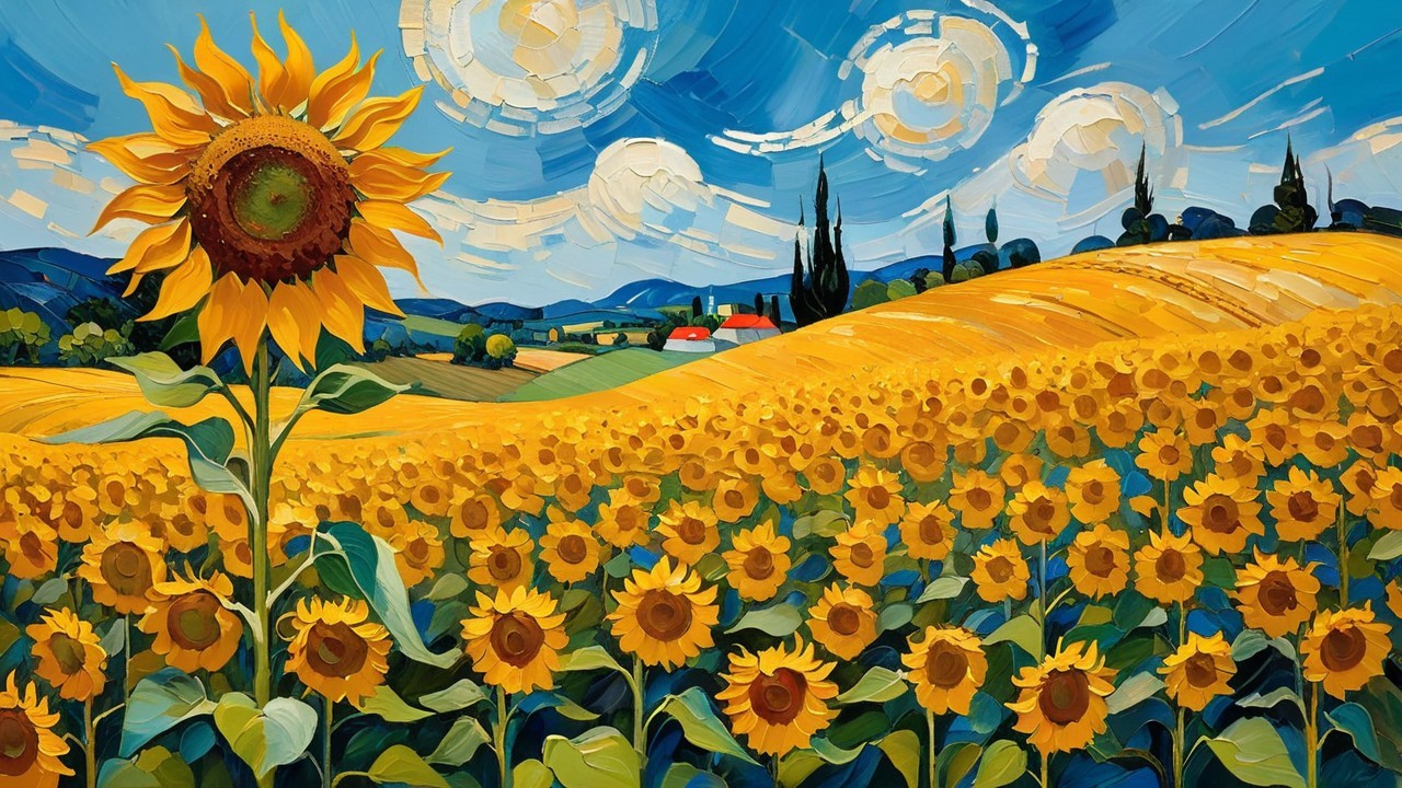 Vibrant Sunflower Field Under Blue Sky and Hills