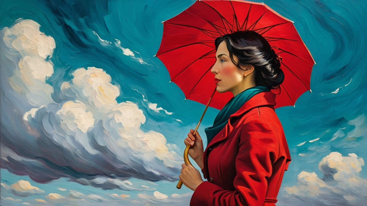 Woman with Red Umbrella Against Dramatic Sky