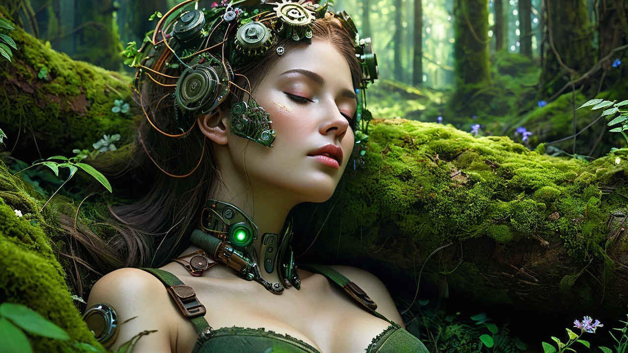 Woman with Mechanical Headgear in a Lush Forest