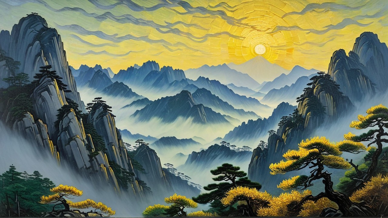 Ornate Impressionistic Oil Painting of Huangshan Mountains