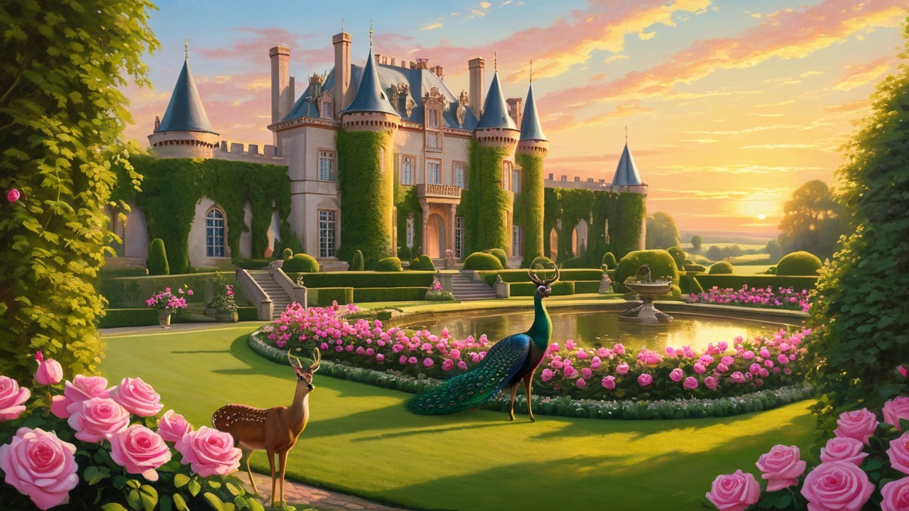 Grand castle with turrets amid gardens and wildlife