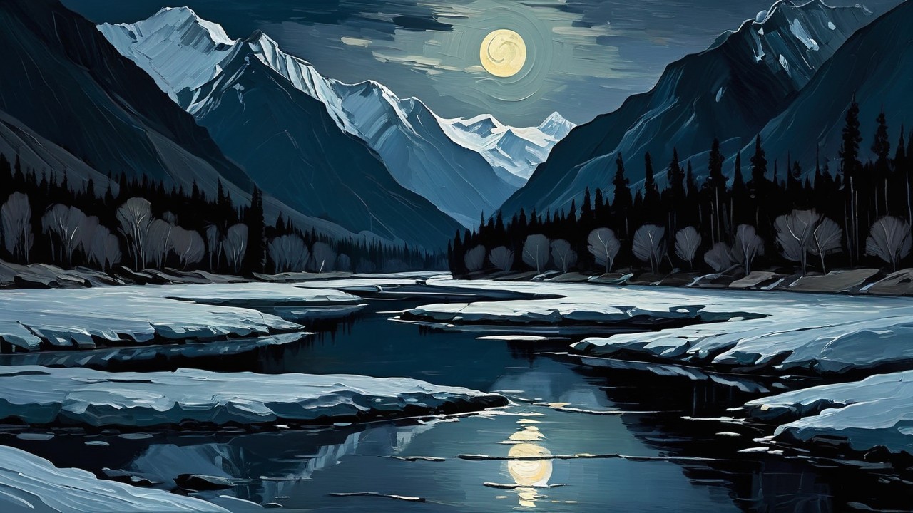 Serene Winter Landscape with Moonlit River and Mountains