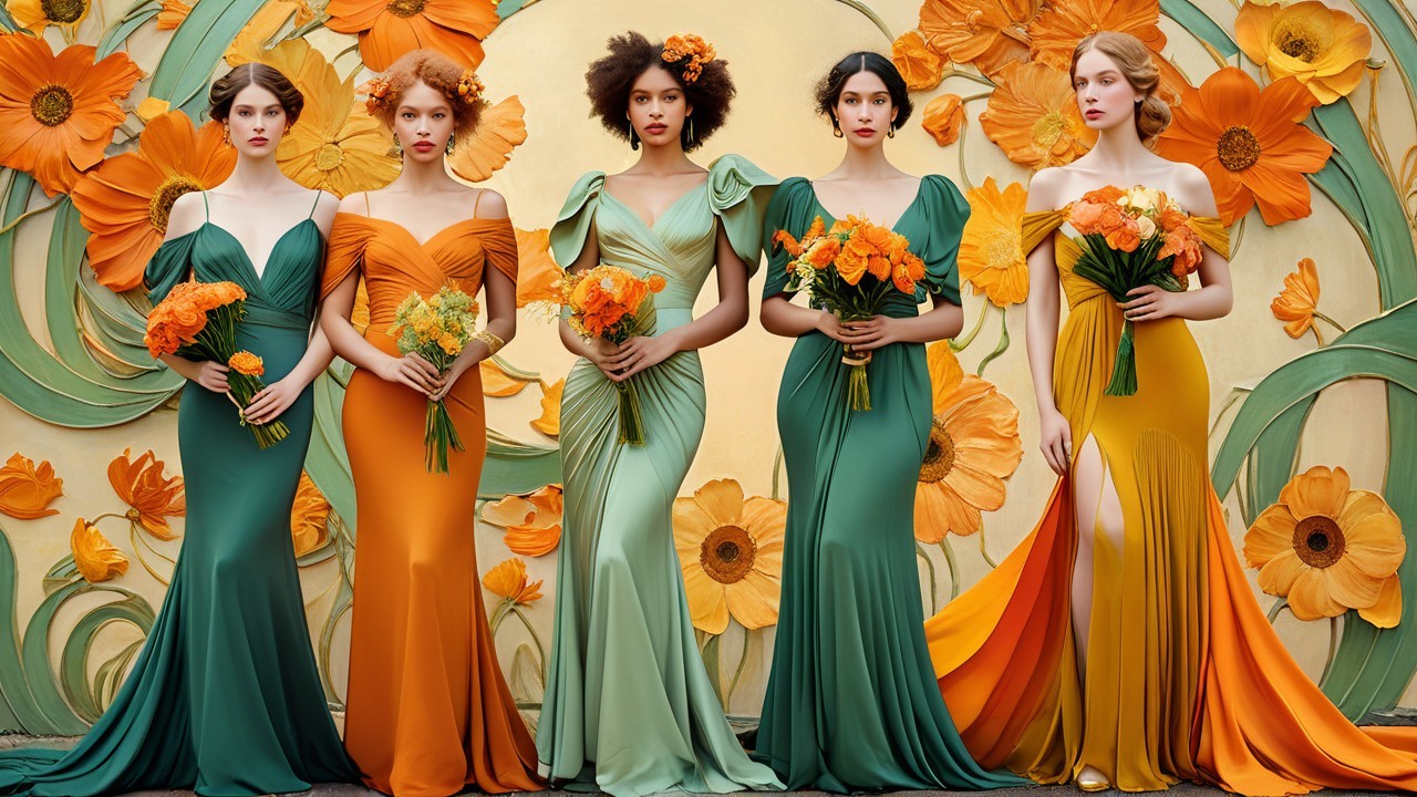 Elegant Models in Vibrant Gowns Against Floral Backdrop