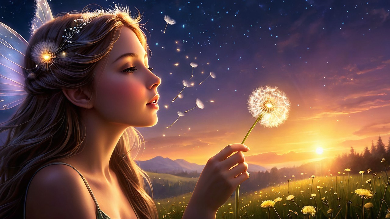 Young woman with fairy wings in a sunset meadow