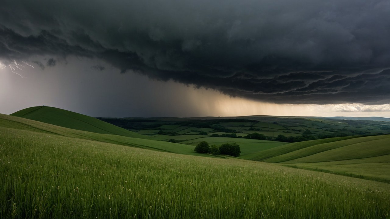 Dramatic Landscape of Green Hills and Stormy Sky
