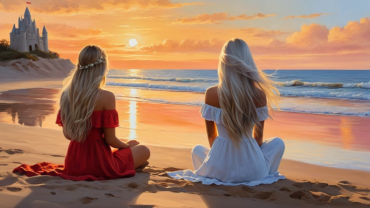 Young Women on Beach at Sunset with Castle Background