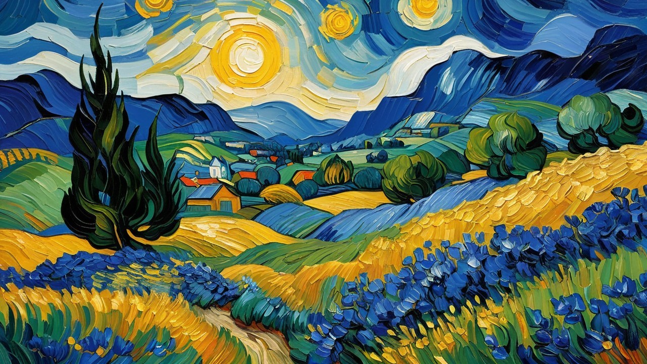 Vibrant Impressionistic Landscape with Flowers and Village