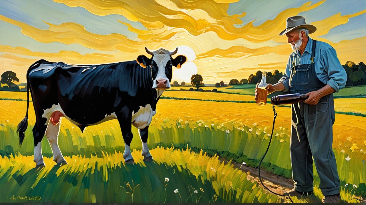 Sunset Landscape with Farmer and Cow in Yellow Field