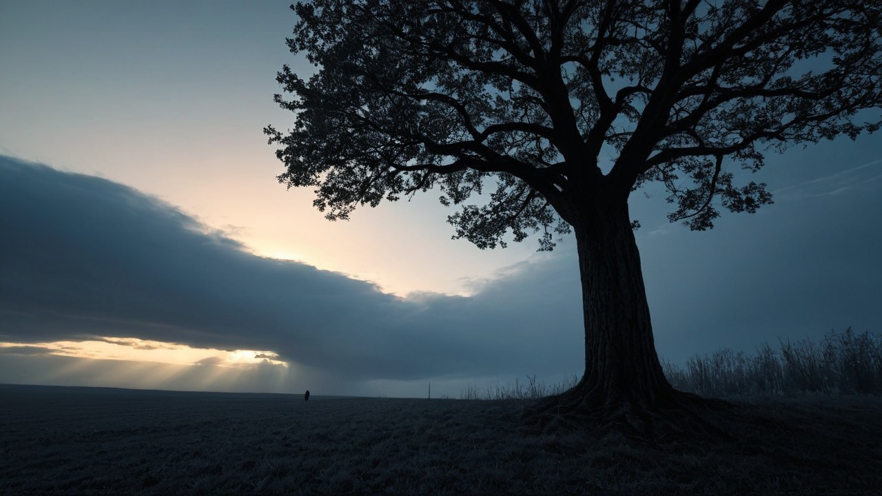 Solitary tree under moody sky at sunset landscape