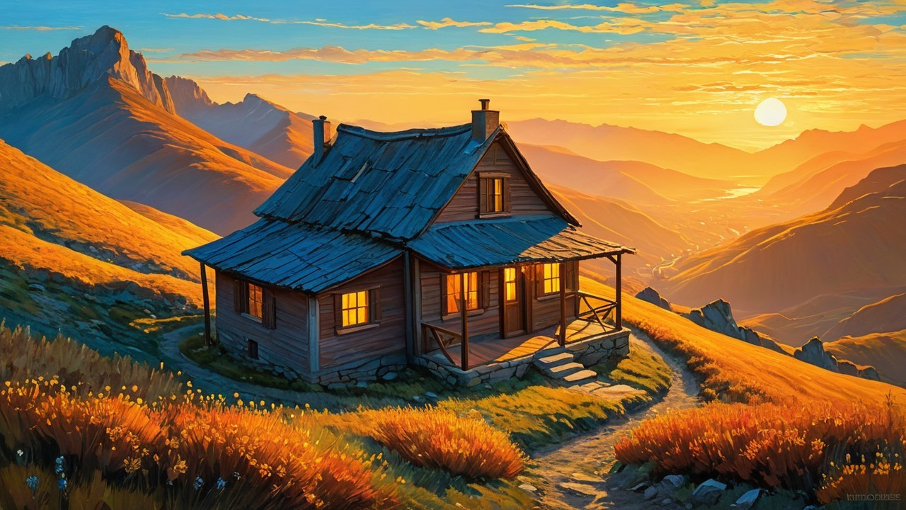 Wooden cabin on hillside at sunset with wildflowers