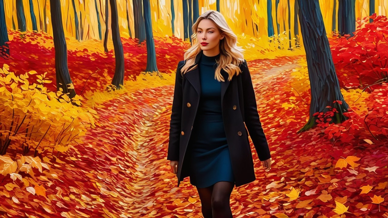 Woman in Black Coat Walking Through Autumn Forest