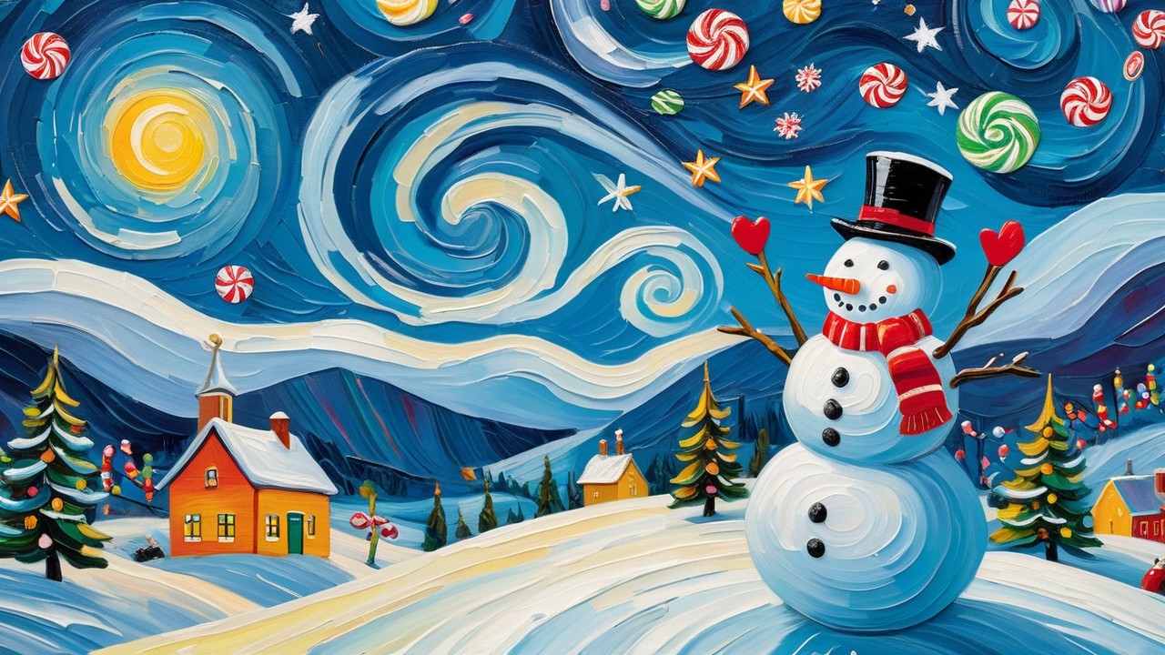 Impressionistic Winter Wonderland Night Oil Painting