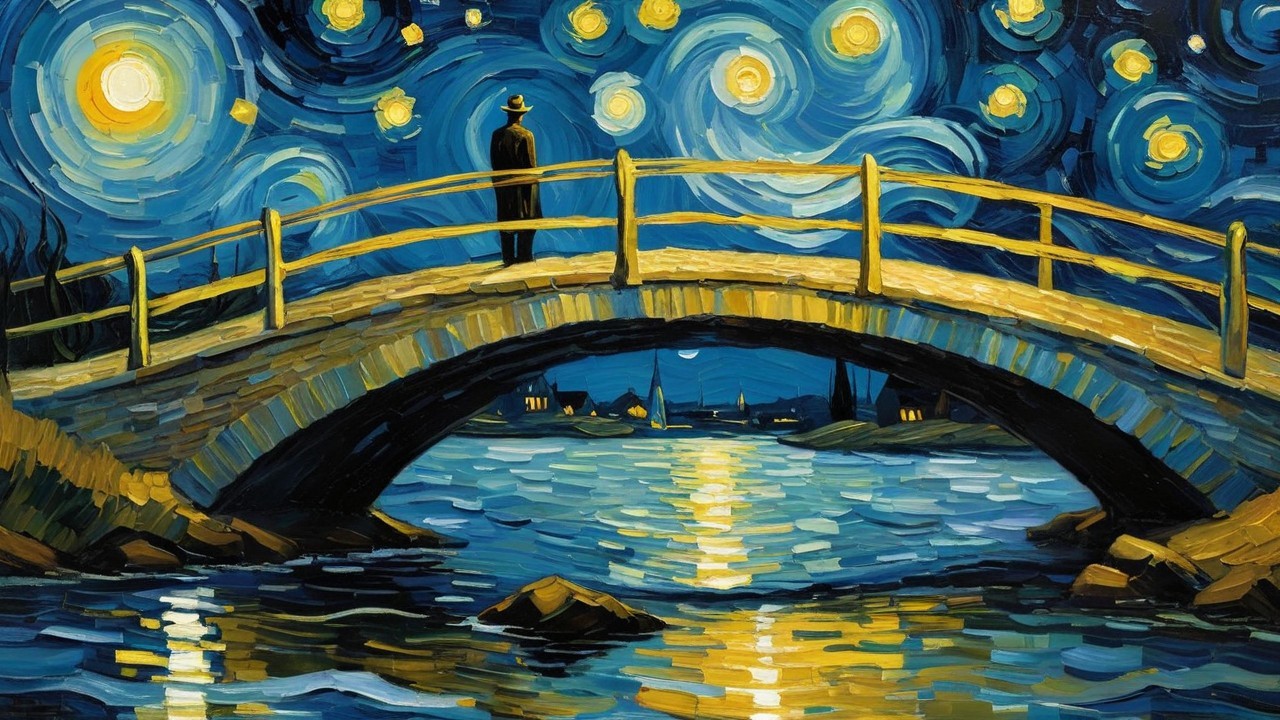 Serene night scene with illuminated bridge and stars