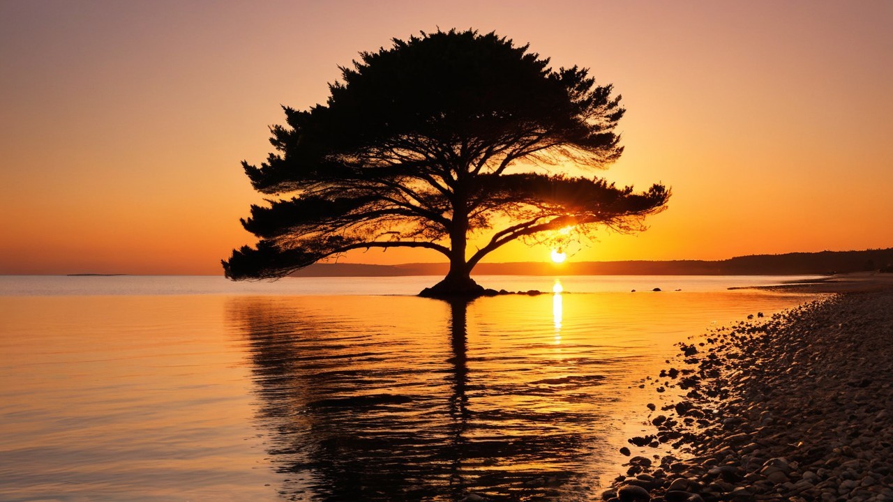 Solitary Tree at Tranquil Shoreline During Sunset
