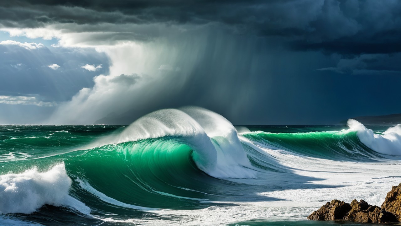 Dramatic Seascape with Waves and Stormy Clouds