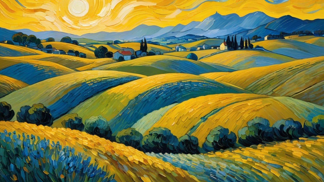 Vibrant Landscape with Rolling Hills and Distant Mountains