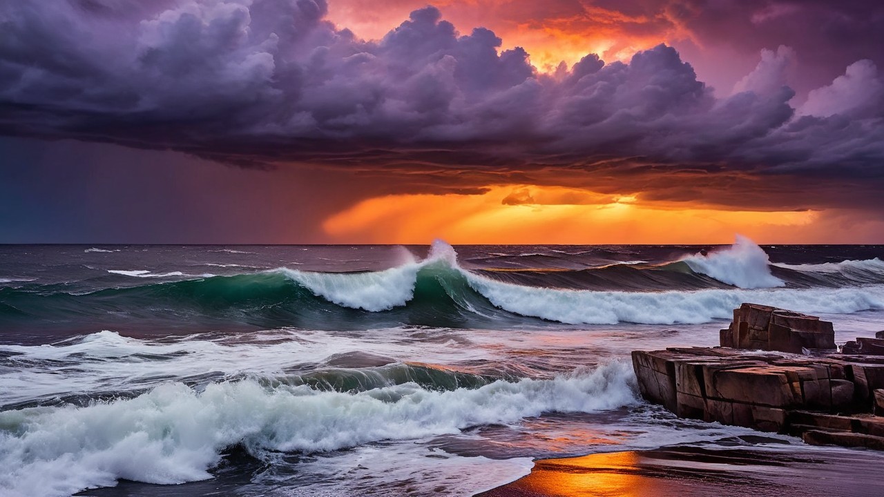 Dramatic Sunset Over Tumultuous Ocean Waves