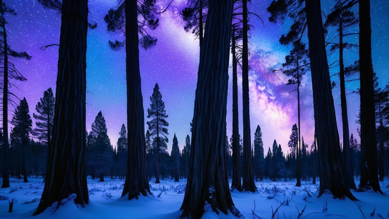 Winter Landscape with Pine Trees and Milky Way Sky