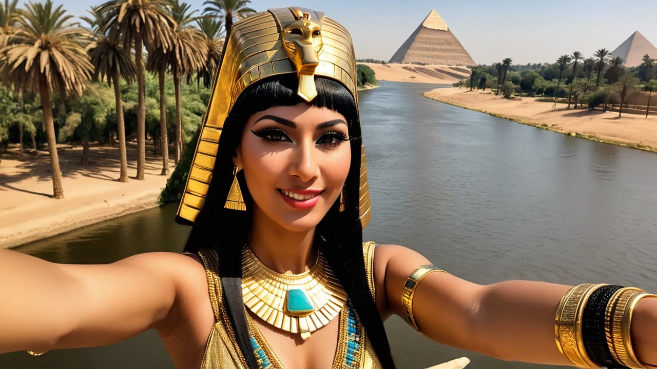 Woman in Ancient Egyptian Attire with Pyramids Background